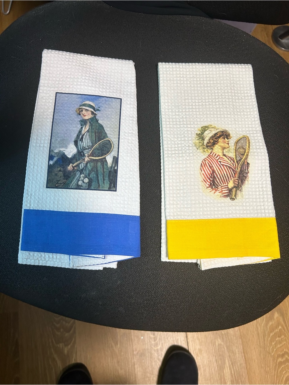 Vintage Tennis Lady Kitchen Towels - Blue & Yellow Trim